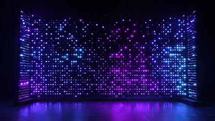 Abstract digital light wall with glowing blue and purple pixels reflecting on a dark floor