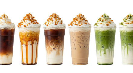 Six iced coffee and matcha drinks with whipped cream and caramel drizzle transparent background cutout png