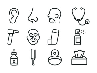 Simple medical icons: ear, nose, throat, stethoscope, inhaler, tuning fork, tissues