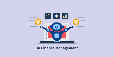 AI robot appears on screen managing financial credentials, visualising multiple diagrams and optimizing accounting workflow. 