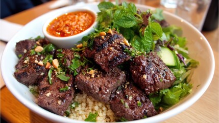 Grilled beef skewers with fresh herbs local restaurant food photography urban setting close-up culinary delight