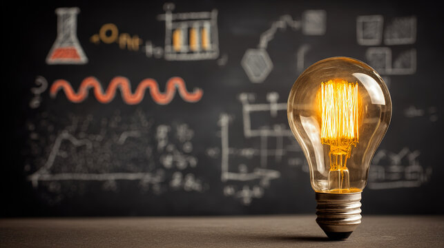 Glowing Edison Light Bulb Against Chalkboard With Scientific Formulas