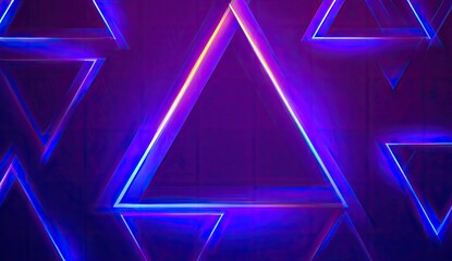 Neon geometric triangles glowing vibrant purple and blue on a dark textured background