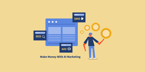 Freelance professional applies AI marketing with SEO and SMO, money flowing from website.