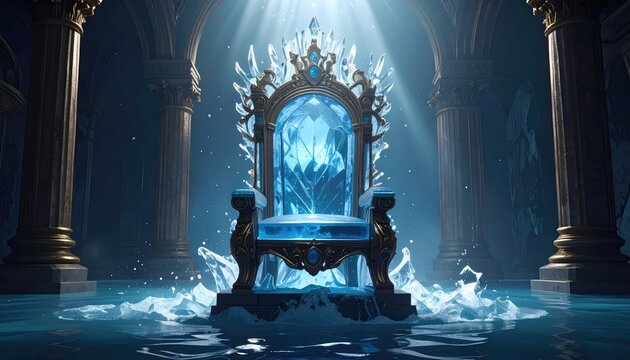 Ice Throne: Illuminated by a radiant beam, a magnificent throne crafted from ice sits majestically within a serene, aquatic chamber, inspiring awe and wonder.