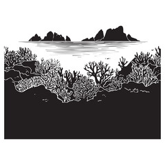 Naklejka premium Stylized black and white illustration of a rocky coastline with dense underwater coral reefs and ocean waves creating a dramatic silhouette