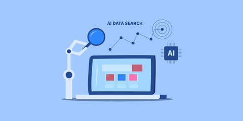 Robotic hand with magnifier extract data from search interface, AI chip for faster and precise data analysis.