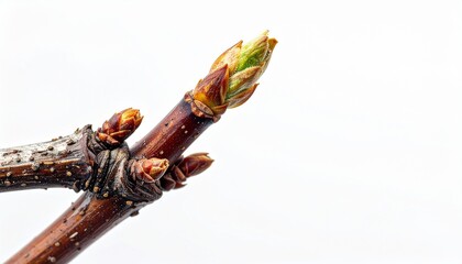 Close-up of a tree branch with emerging green buds against a clean white background, symbolizing spring, new growth, and nature's awakening.