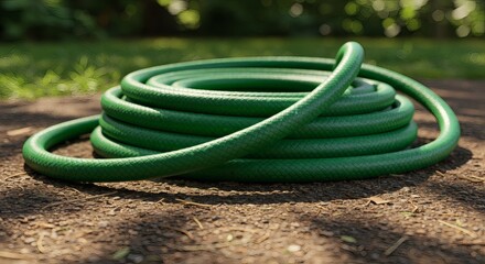 Coiled Green Garden Hose on Brown Soil.