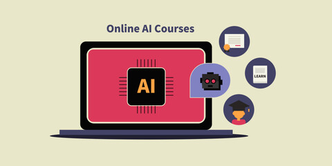 Online AI courses with certification and academic achievement, robot showcase intelligent learning platform.