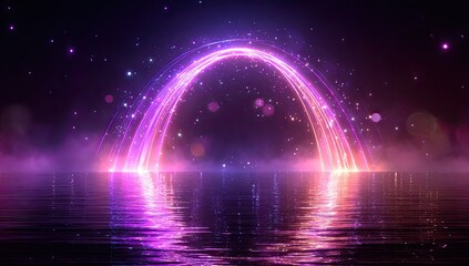 Glowing neon arch over reflective water with sparkling dust and smoky atmosphere