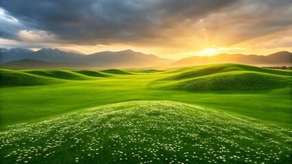 Rolling green hills under dramatic stormy sky with golden sunbeams