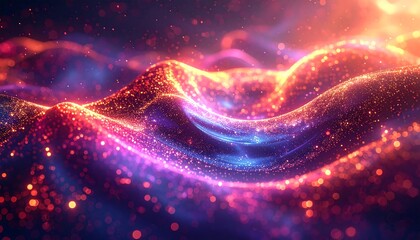 An abstract, flowing scene of luminous particles creates waves and vibrant hues, blending red, orange, and blue. Sparkling details add depth