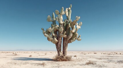 A solitary tall prickly pear cactus tree stands alone in a vast, arid desert landscape under a clear blue sky