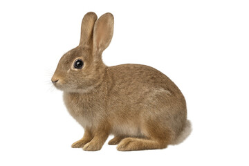 Obraz premium Cute young rabbit sitting isolated, side view of a fluffy animal, brown fur, transparent background