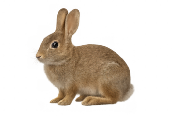 Cute young rabbit sitting isolated, side view of a fluffy animal, brown fur, transparent background