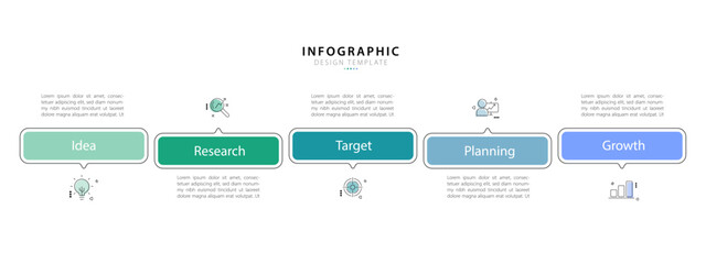 Timeline Creator infographic template. 5 Step timeline journey, calendar Flat simple infographics design template. presentation graph. Business concept with 5 options, gantt vector illustration.