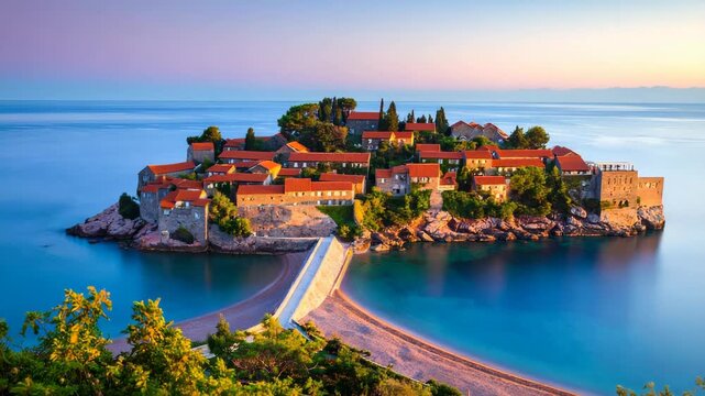 Picturesque island village with stone buildings and red roofs connected by isthmus to a beach at sunrise on turquoise ocean waters.