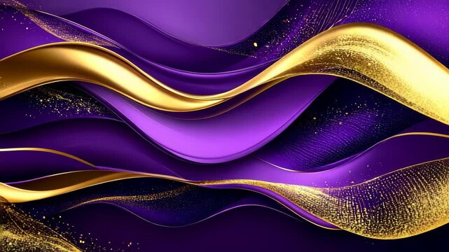 Elegant abstract background with flowing golden ribbons and shimmering purple waves, adding a touch of luxury and dynamism to any design