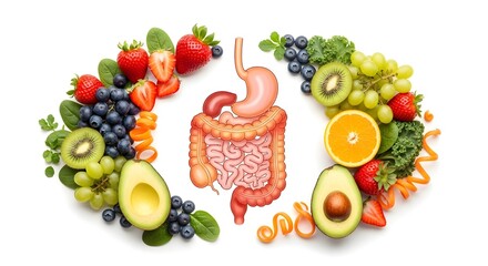 Fruits and vegetables encircle digestive organs, symbolizing a healthy diet detox for gut health.