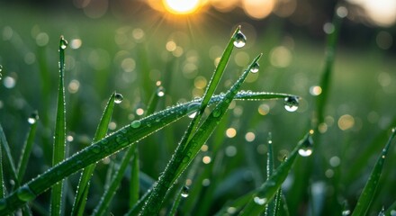Dewdrops on Grass Blades at Sunrise.