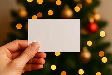 Obraz premium Hand holding blank card with festive christmas tree bokeh background