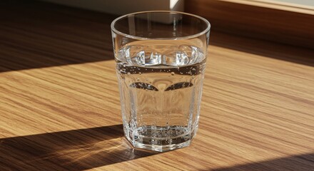 Glass of clear water on a wooden table in sunlight.
