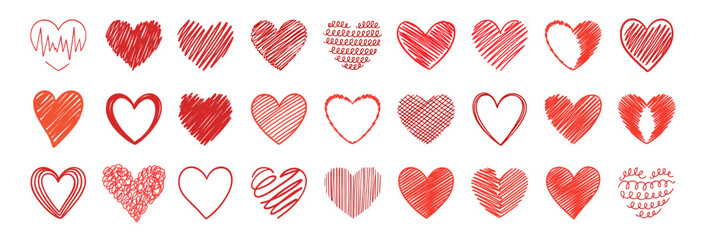 Hand drawn red heart collection doodle vector set on transparent background