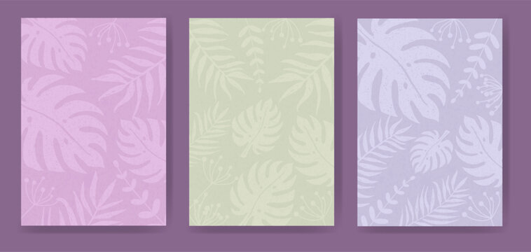 Set of pastel colored backgrounds with palm leaf frame. Template for poster or banner