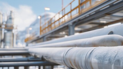 Industrial cryogenic plant with pipes, tanks, and frost-covered surfaces, emotion of technical expertise visible, symbolizing large-scale gas liquefaction, chemical industry innovation, and