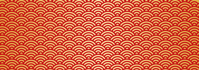 和風背景素材　赤と金の青海波模様　横長