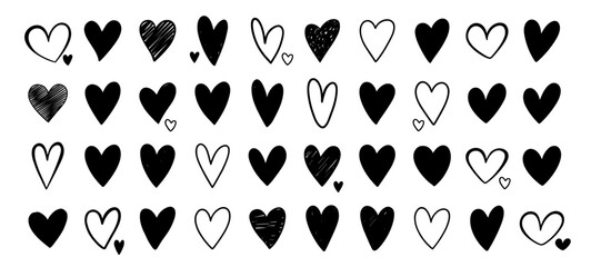 Black hand drawn sketch heart collection set on transparent background