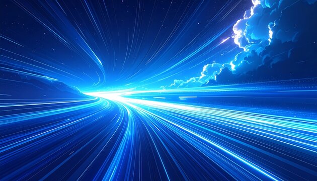 Abstract digital artwork depicts a highway of light and energy racing toward a vibrant sky and glowing clouds. The scene conveys a sense of speed