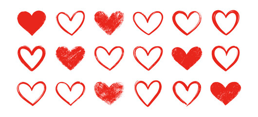 Hand drawn red love heart doodle collection vector set on transparent background