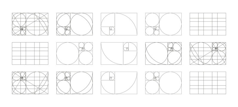 Golden ratio section grid. Fibonacci array, numbers forms. Harmony proportions frames templates. Golden Spiral pattern. Method golden section set. Outline graphic illustration.