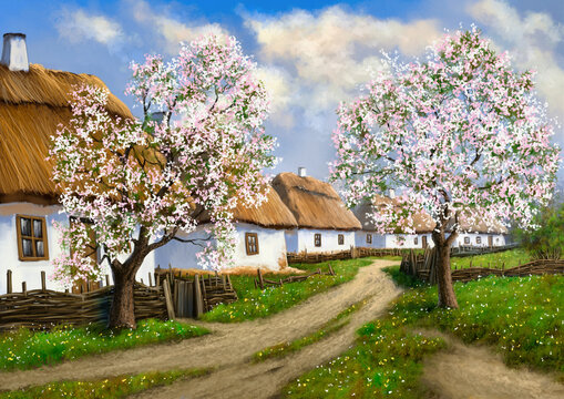 Rural Road Leading Through Blooming Orchards and Traditional Huts in Ukraine.Ukrainian Village in Spring Bloom. Flowering Fruit Trees 