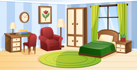 Cartoon interior room. Game bedroom at home. Bed with table. Empty sleep placement. Cozy apartment furniture. Design of comic lodgings. Desk and cabinet. House furnishing. Vector garish illustration