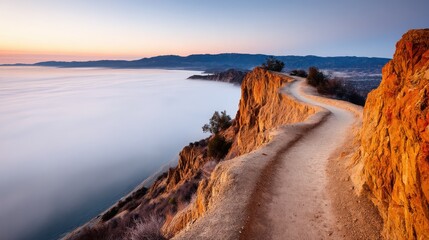 A scenic coastal pathway with rocky cliffs, leading down to a serene ocean, illuminated by a soft sunset glow.