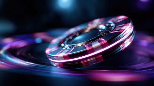 Glowing poker chip spinning over neon-lit surface in casino setting