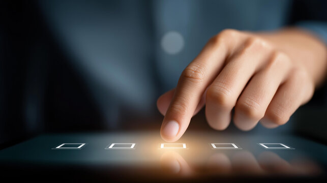 Hand selecting answer on virtual multiple-choice test interface, faceless online exam, digital assessment visualization, defocused e-learning background, education technology symbo