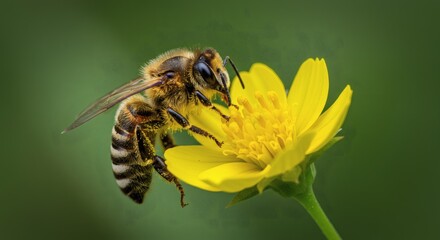Honeybee Gathering Nectar from a Bright Yellow Buttercup Flower.