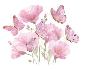 A delightful watercolor illustration of gentle pink flowers with several pink butterflies