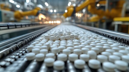 Obraz premium Pharmaceutical tablets on conveyor belt in modern factory
