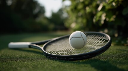 Close-up of tennis racket and ball on iconic Wimbledon grass surface, emotion of focus and energy visible, symbolizing championship preparation, precision gameplay, and iconic tournament