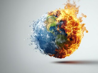 Planet Earth half burning with fire, half freezing with ice, on a white background