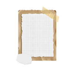 Torn paper collage with brown kraft paper and white grid notebook paper layers, decorated with ripped tape. Minimal vintage aesthetic for scrapbook, journaling, and digital collage projects.
