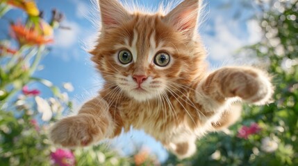 Energetic Red Kitten Jumping in a Blooming Garden Landscape