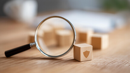 Fototapeta premium Magnifying glass focusing on shield icon among wooden safety blocks, faceless workplace compliance, risk management visualization, defocused desk background, health symbols detail,