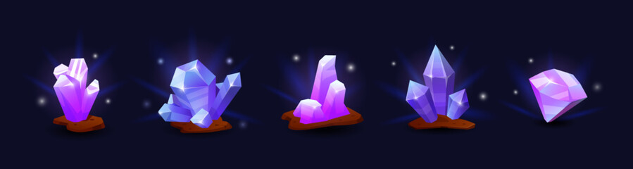 Crystal game. Stone gem. Diamond magic, gemstone purple. Icon cartoon jewel. Texture of shiny rock. Glowing shape in fantasy cave, mineral treasures. UI isolated elements. Vector jewellery tidy piece © Natalia
