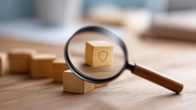 Magnifying glass focusing on shield icon among wooden safety blocks, faceless workplace compliance, risk management visualization, defocused desk background, health symbols detail,